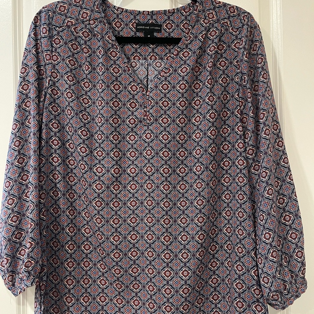 Adrienne Vittadini Blue and Red Patterned Blouse